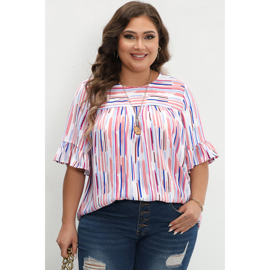 White Stripe Ruffled Short Sleeve Plus Size Blouse Plus Size/Plus Size Tops/Plus Size Blouses &amp; Shirts