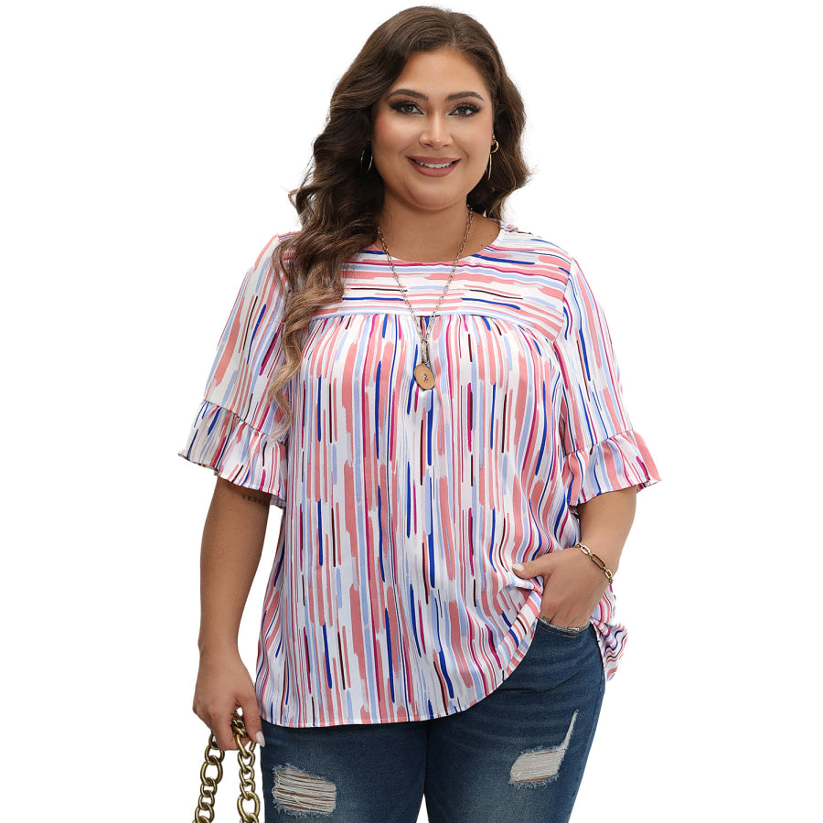 White Stripe Ruffled Short Sleeve Plus Size Blouse Plus Size/Plus Size Tops/Plus Size Blouses &amp; Shirts