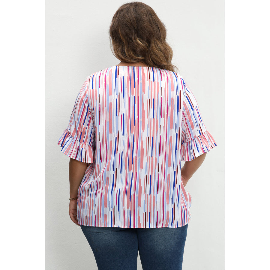 White Stripe Ruffled Short Sleeve Plus Size Blouse Plus Size/Plus Size Tops/Plus Size Blouses &amp; Shirts