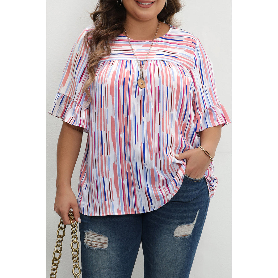 White Stripe Ruffled Short Sleeve Plus Size Blouse Plus Size/Plus Size Tops/Plus Size Blouses &amp; Shirts