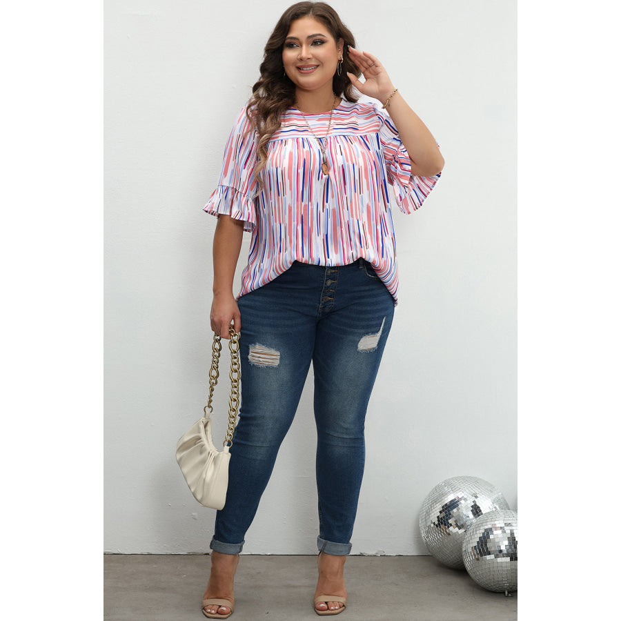 White Stripe Ruffled Short Sleeve Plus Size Blouse Plus Size/Plus Size Tops/Plus Size Blouses &amp; Shirts