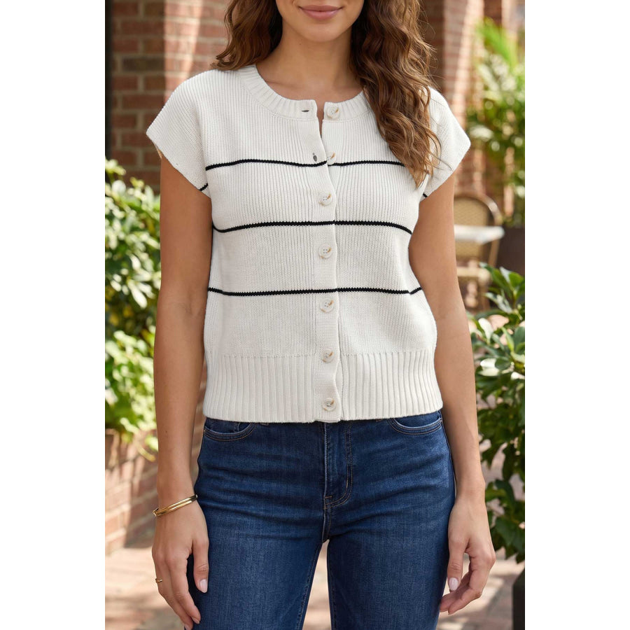 White Stripe Short Sleeve Button Front Shift Cardigan White Stripe / S Sweaters & Cardigans/Cardigans