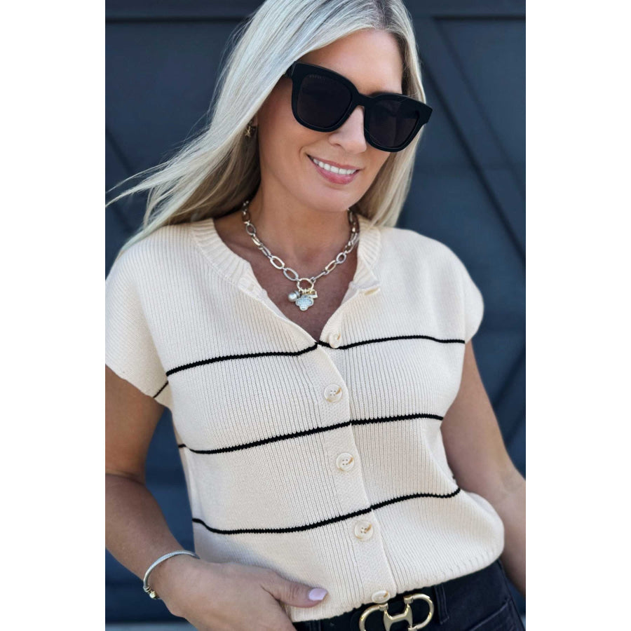 White Stripe Short Sleeve Button Front Shift Cardigan Sweaters & Cardigans/Cardigans