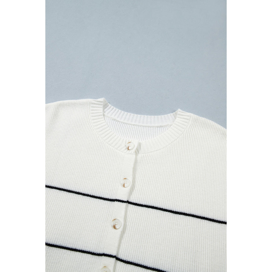 White Stripe Short Sleeve Button Front Shift Cardigan Sweaters & Cardigans/Cardigans