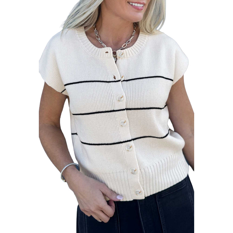 White Stripe Short Sleeve Button Front Shift Cardigan Sweaters & Cardigans/Cardigans