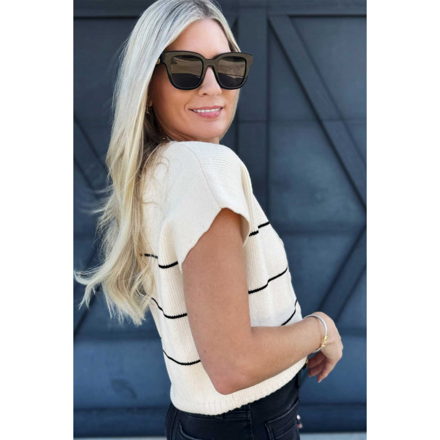 White Stripe Short Sleeve Button Front Shift Cardigan Sweaters & Cardigans/Cardigans