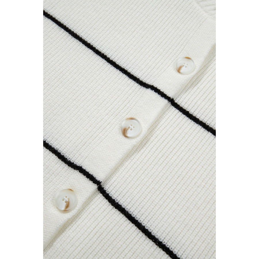 White Stripe Short Sleeve Button Front Shift Cardigan Sweaters & Cardigans/Cardigans