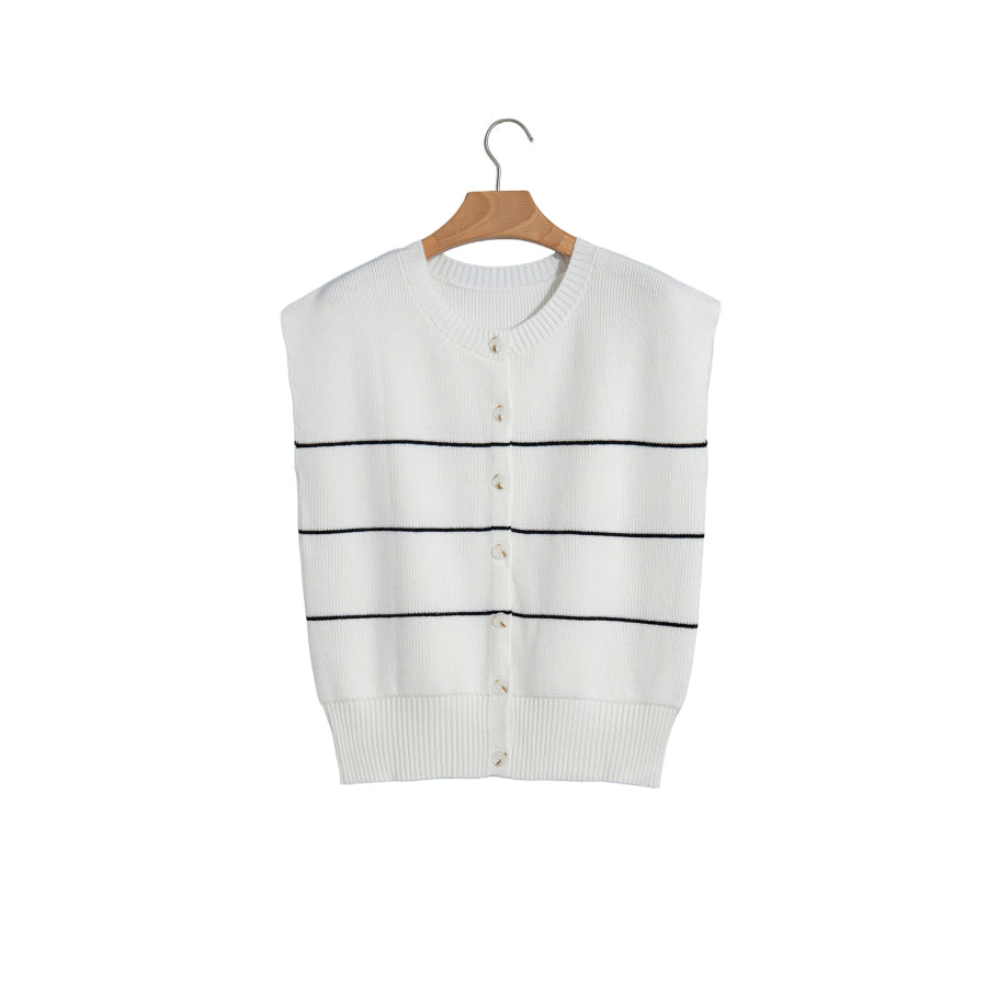 White Stripe Short Sleeve Button Front Shift Cardigan Sweaters & Cardigans/Cardigans