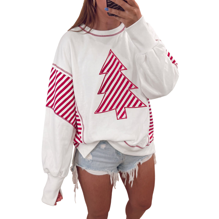 White Striped Contrast Christmas Tree Patchwork Puff Sleeve Top Tops/Long Sleeve Tops