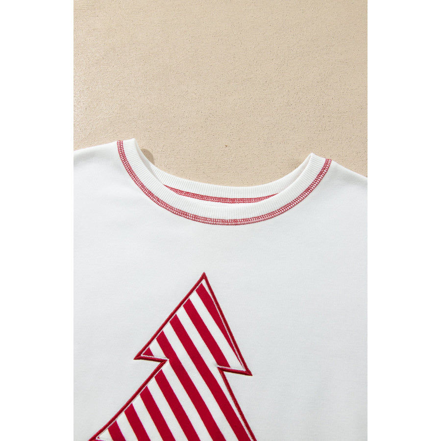 White Striped Contrast Christmas Tree Patchwork Puff Sleeve Top Tops/Long Tops