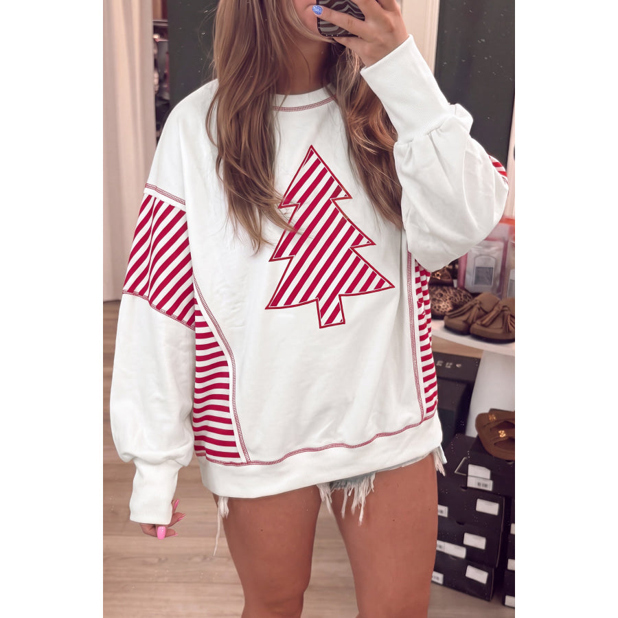 White Striped Contrast Christmas Tree Patchwork Puff Sleeve Top Tops/Long Sleeve Tops