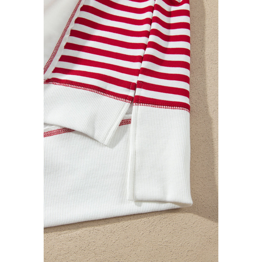 White Striped Contrast Christmas Tree Patchwork Puff Sleeve Top Tops/Long Tops