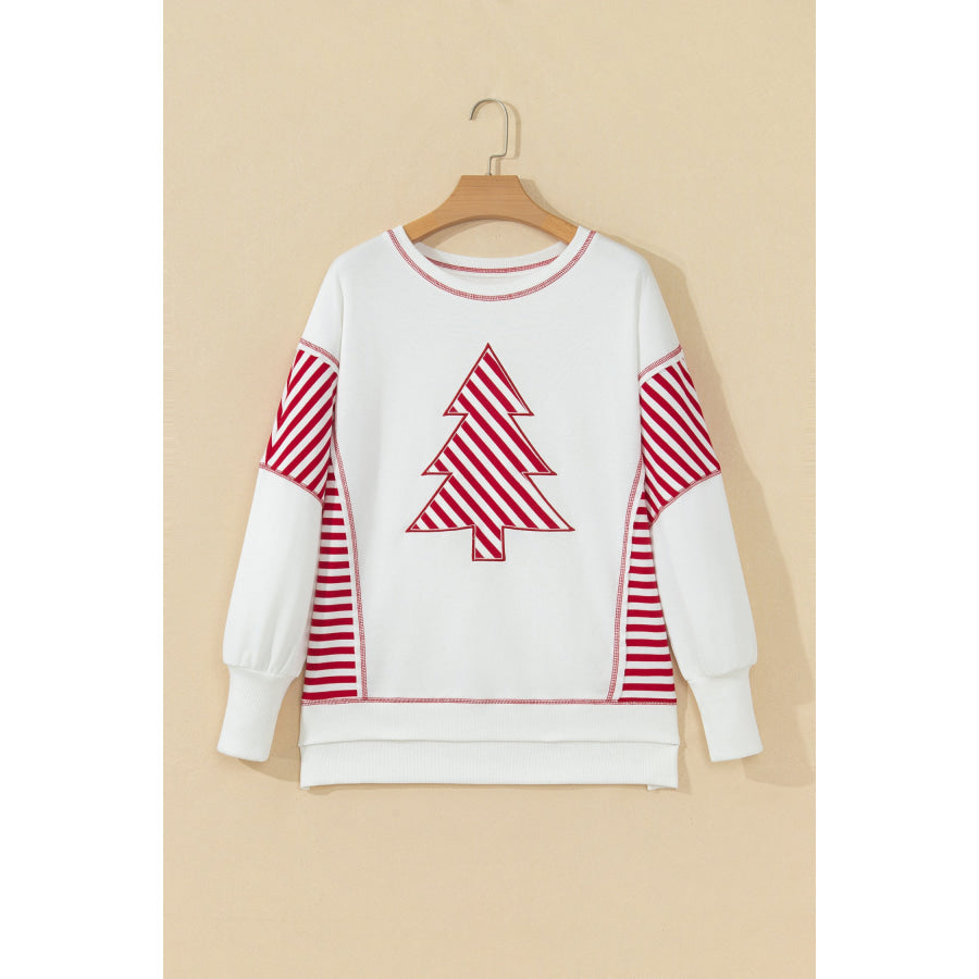 White Striped Contrast Christmas Tree Patchwork Puff Sleeve Top Tops/Long Tops