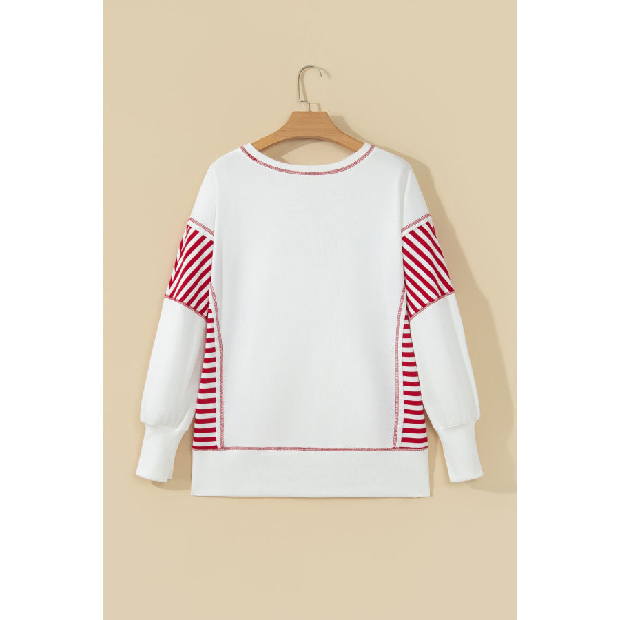 White Striped Contrast Christmas Tree Patchwork Puff Sleeve Top Tops/Long Tops