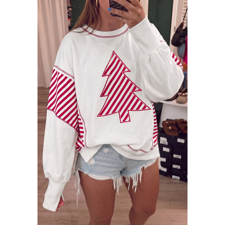 White Striped Contrast Christmas Tree Patchwork Puff Sleeve Top Tops/Long Sleeve Tops