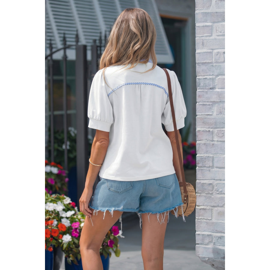 White Striped Frilled Collar Short Sleeve Blouse Tops/Blouses & Shirts
