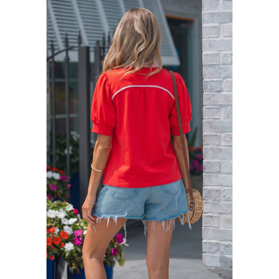 White Striped Frilled Collar Short Sleeve Blouse Tops/Blouses & Shirts