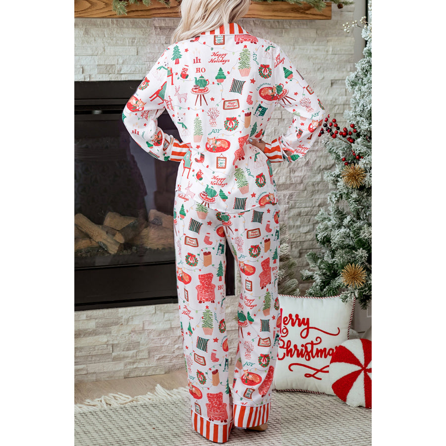 White Striped Holiday Long Sleeve Two Piece Shift Home Wear Lounge Set / S / 100% Viscose Loungewear & Sleepwear/Loungewear