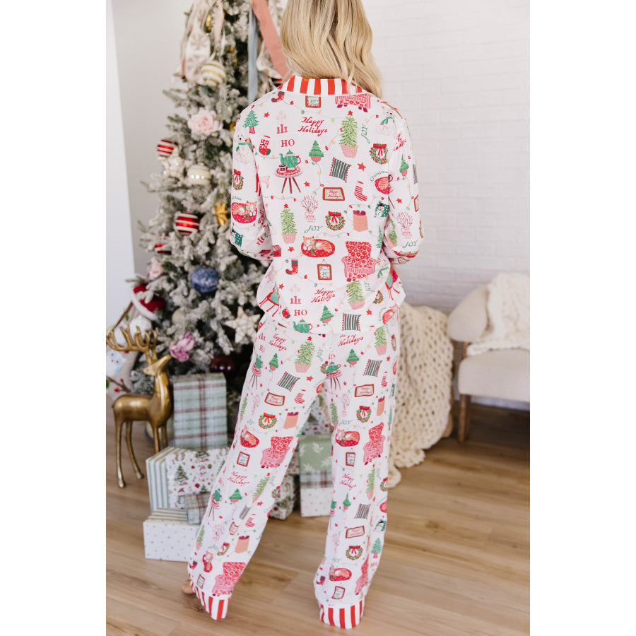 White Striped Holiday Long Sleeve Two Piece Shift Home Wear Lounge Set Loungewear & Sleepwear/Loungewear