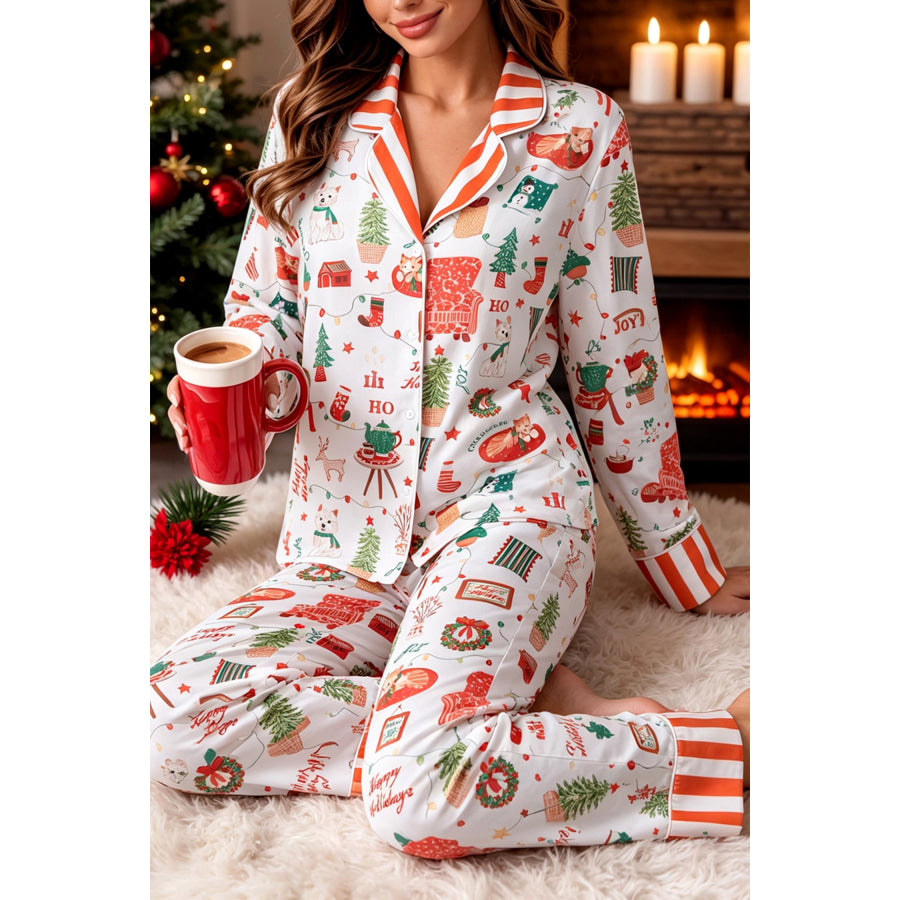 White Striped Holiday Long Sleeve Two Piece Shift Home Wear Lounge Set Loungewear & Sleepwear/Loungewear