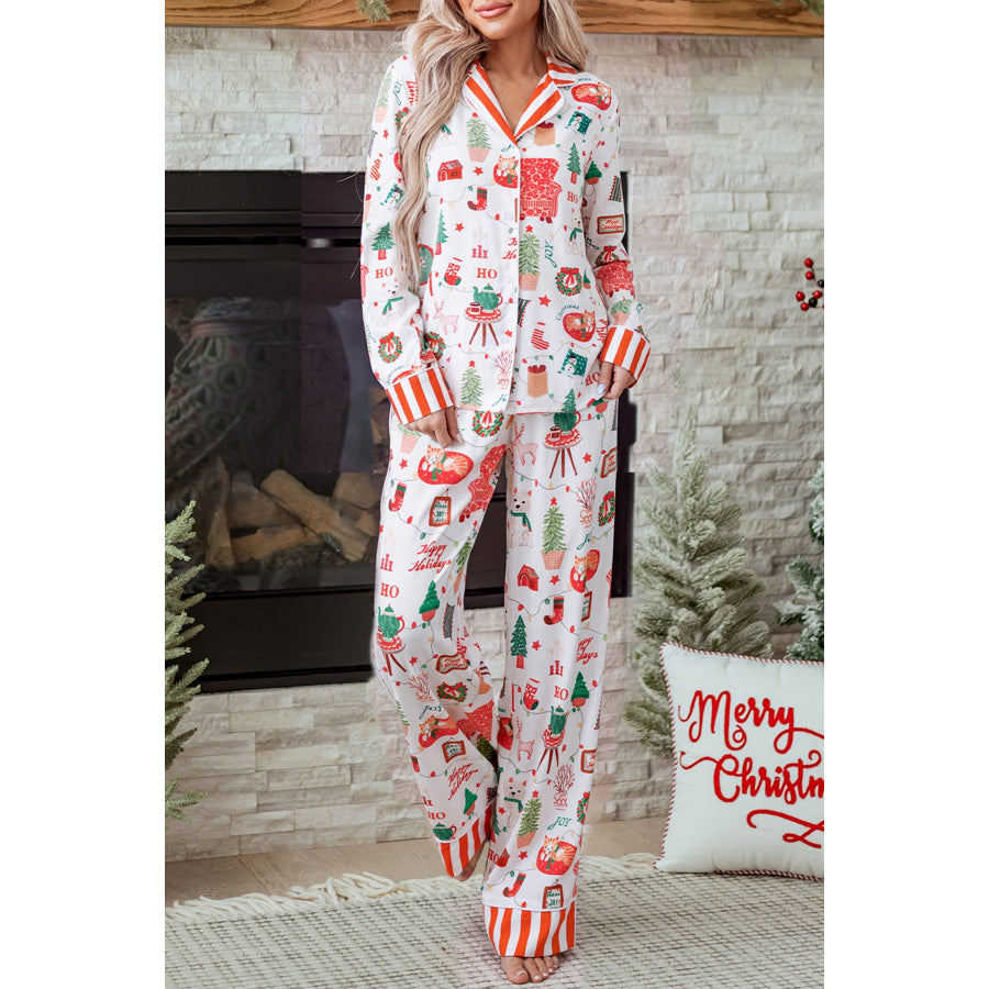 White Striped Holiday Long Sleeve Two Piece Shift Home Wear Lounge Set / S / 100% Viscose Loungewear & Sleepwear/Loungewear