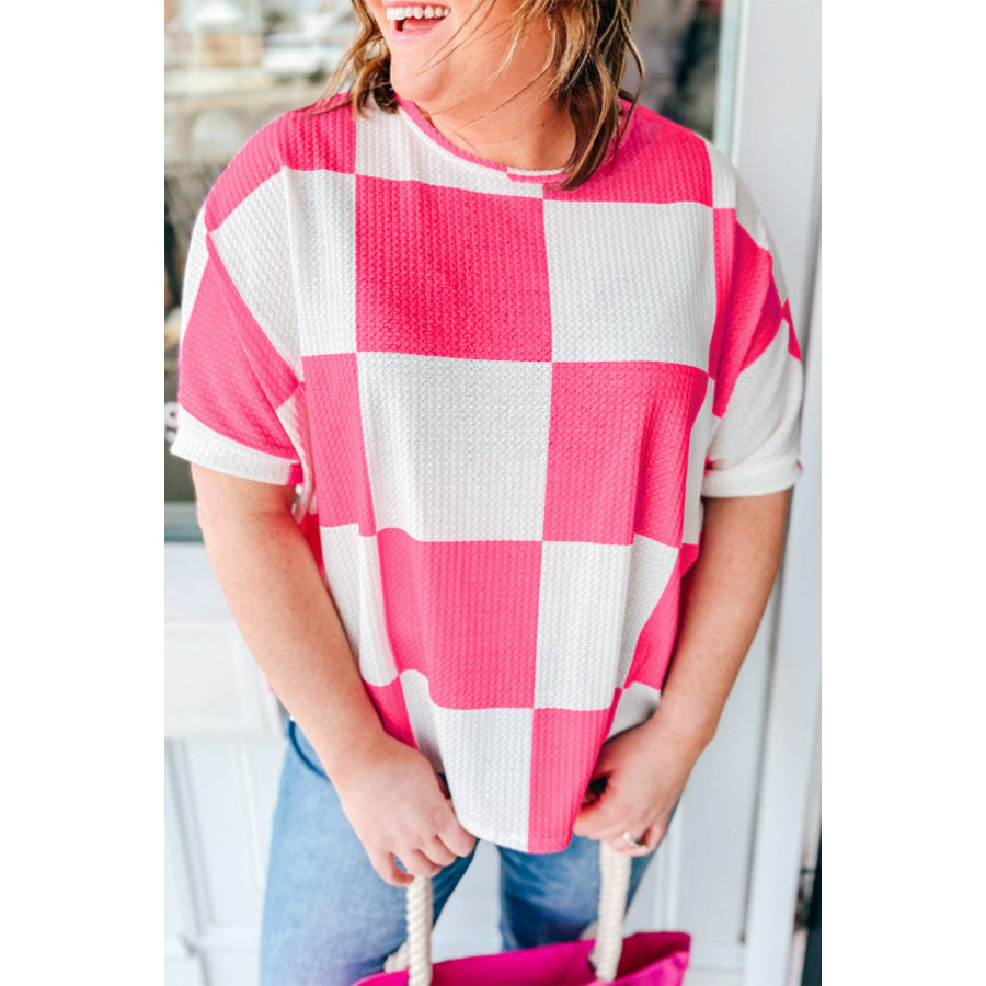 White Textured Checkerboard Round Neck Plus Size T Shirt White / 1X / 92% Polyester + 8% Elastane Plus Size/Plus Size Tops/Plus Size Tops &