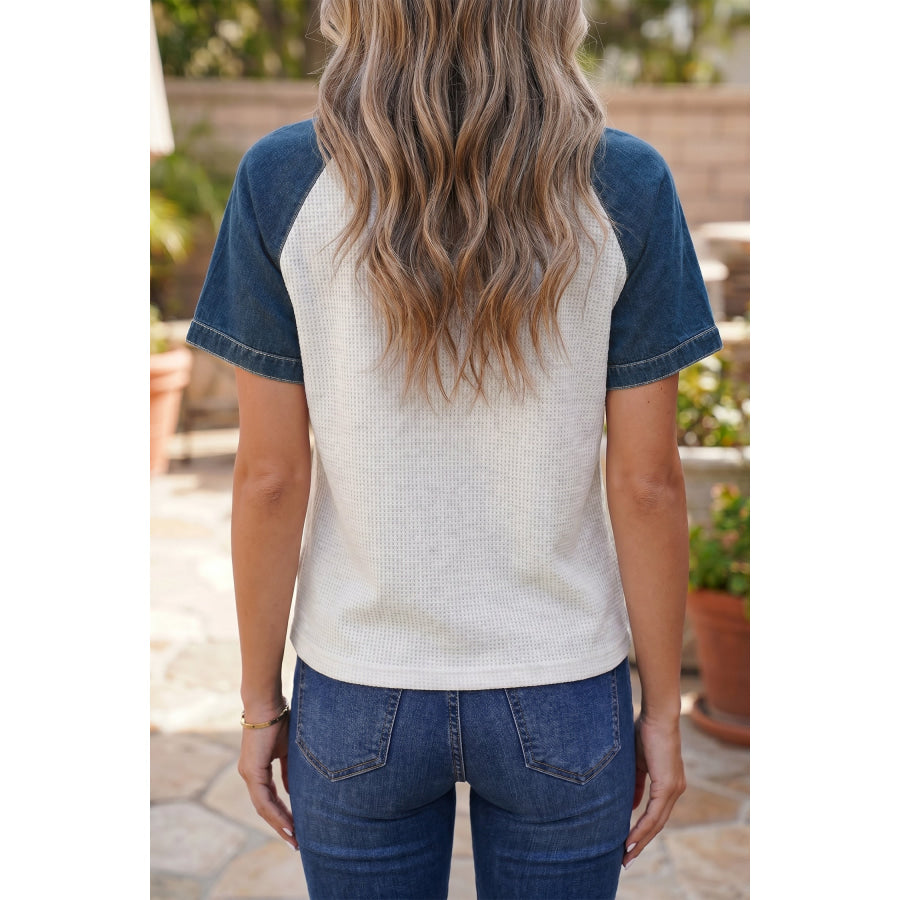 White Textured Color Block Denim Patchwork Polo Collar Tee Tops/Tops & Tees