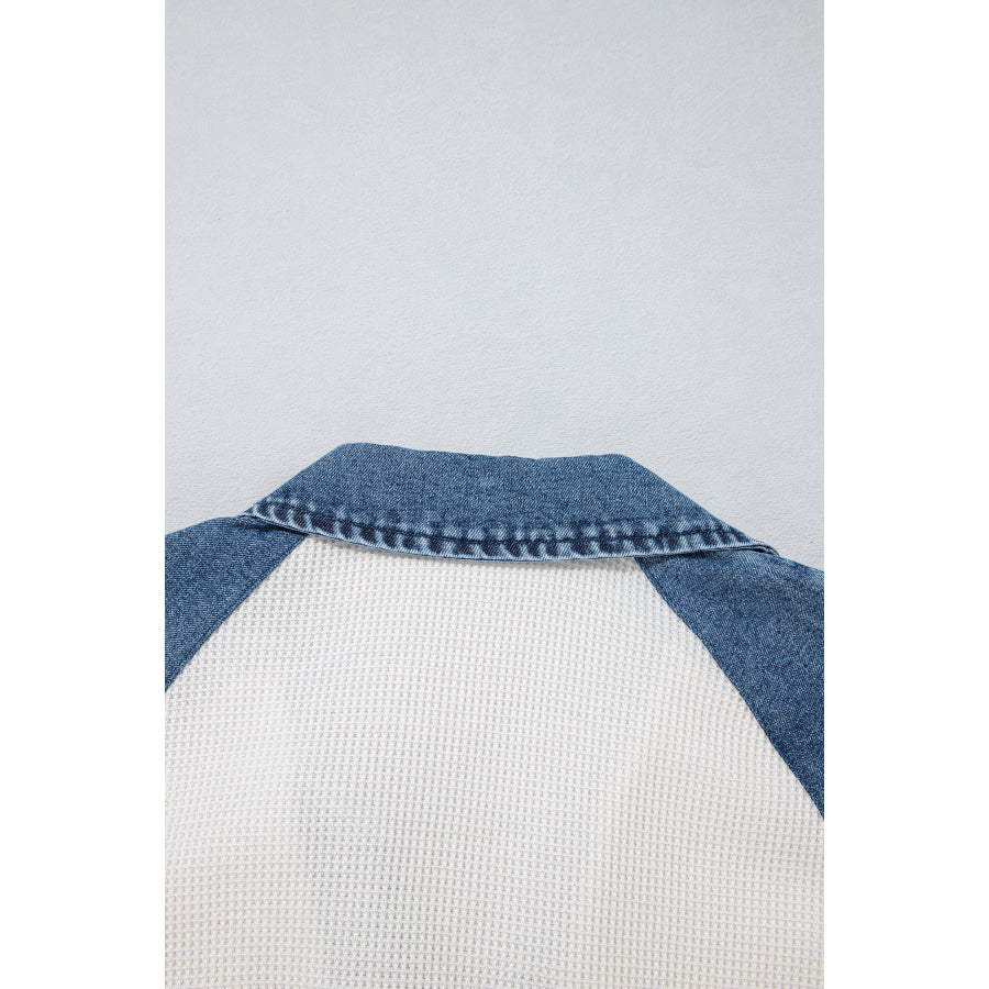 White Textured Color Block Denim Patchwork Polo Collar Tee Tops/Tops & Tees