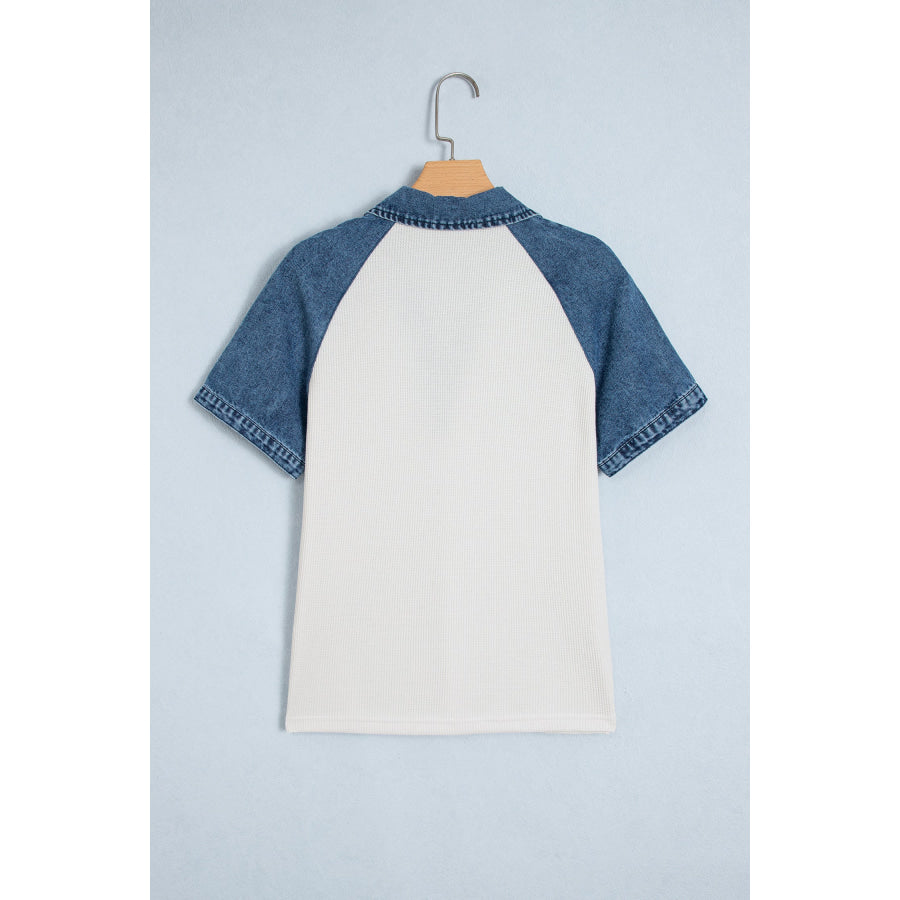 White Textured Color Block Denim Patchwork Polo Collar Tee Tops/Tops & Tees