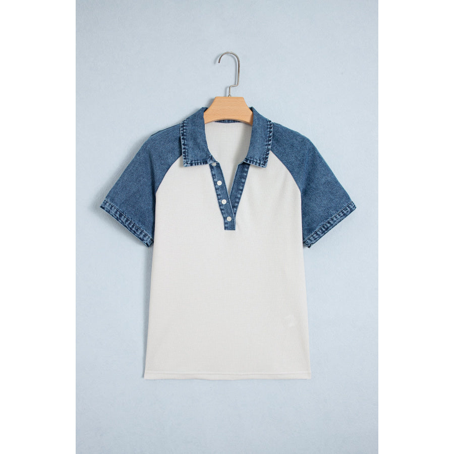 White Textured Color Block Denim Patchwork Polo Collar Tee Tops/Tops & Tees