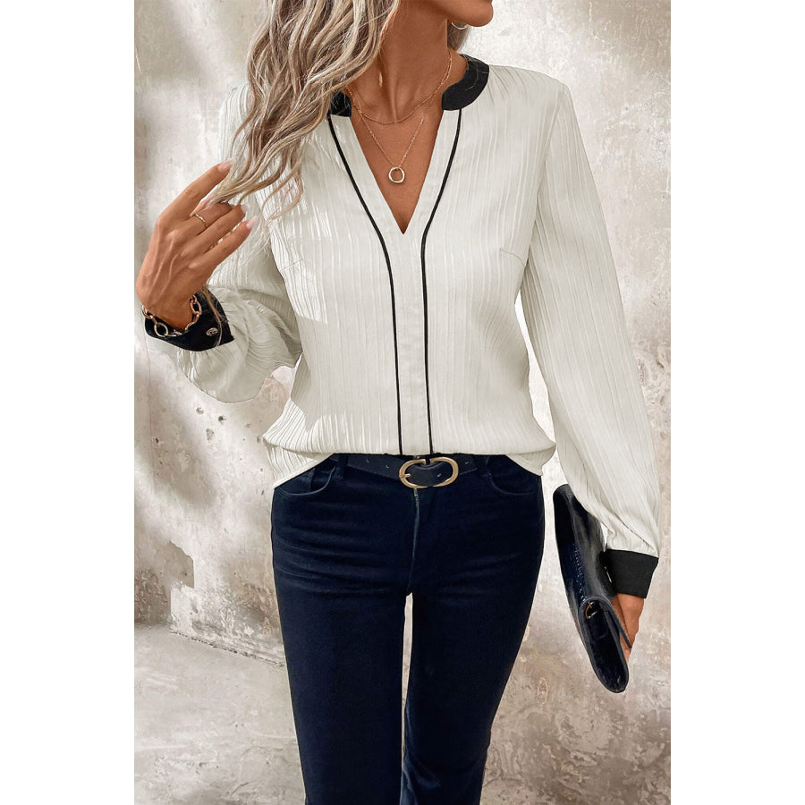 White Textured Colorblock V Neck Elegant Blouse White / S / 100% Polyester Tops/Blouses & Shirts