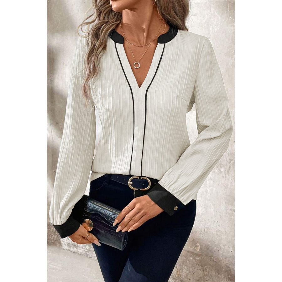 White Textured Colorblock V Neck Elegant Blouse Tops/Blouses & Shirts