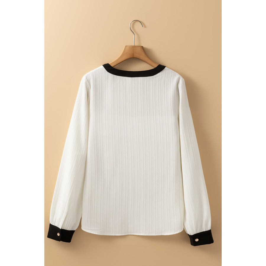 White Textured Colorblock V Neck Elegant Blouse Tops/Blouses & Shirts