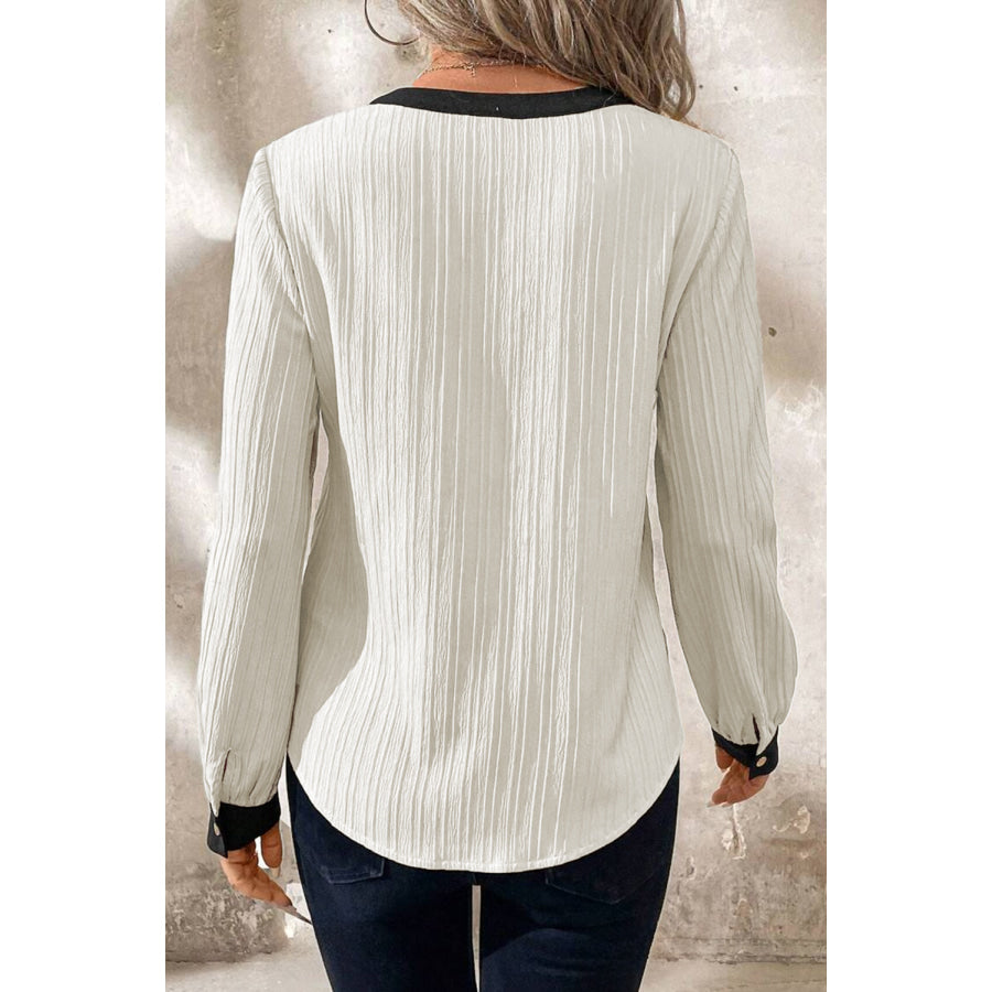 White Textured Colorblock V Neck Elegant Blouse Tops/Blouses & Shirts