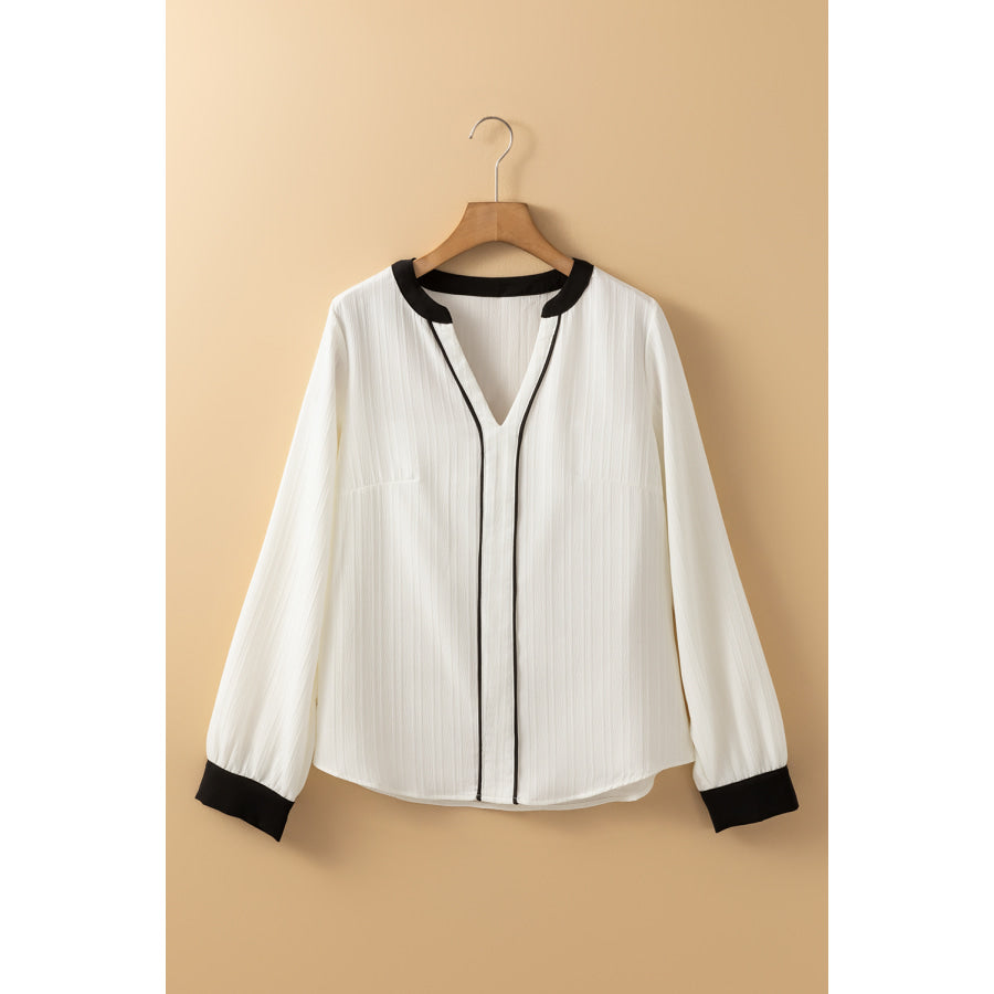 White Textured Colorblock V Neck Elegant Blouse Tops/Blouses & Shirts