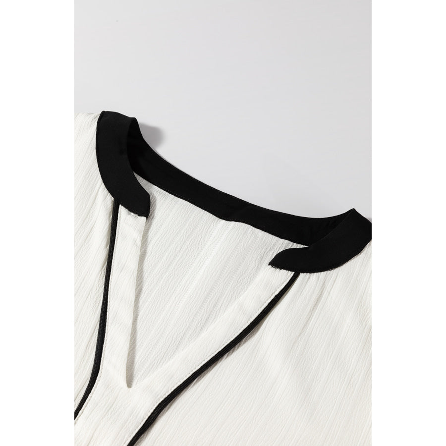 White Textured Colorblock V Neck Elegant Blouse Tops/Blouses & Shirts
