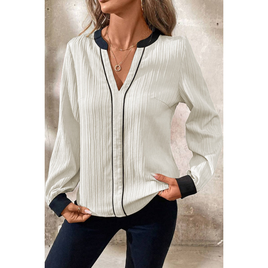White Textured Colorblock V Neck Elegant Blouse Tops/Blouses & Shirts