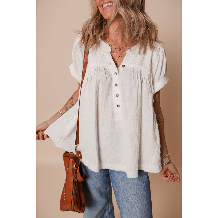 White Textured Short Sleeve Buttons Frayed Blouse White / S / 100% Cotton Tops/Blouses & Shirts