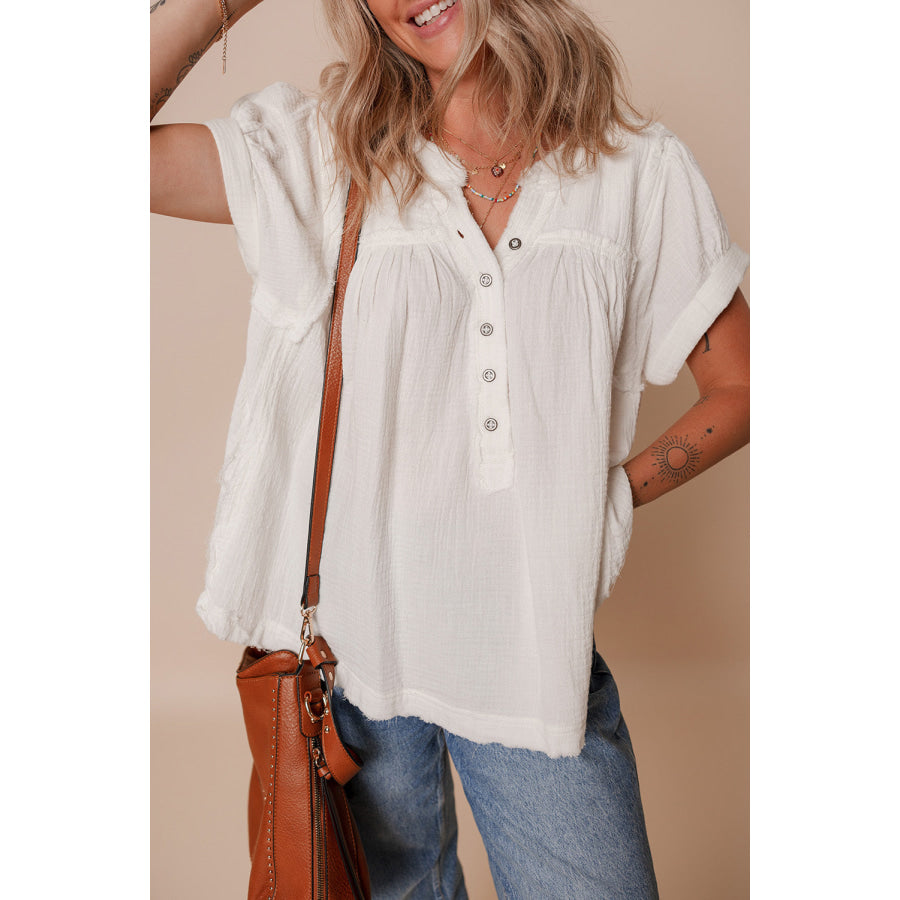 White Textured Short Sleeve Buttons Frayed Blouse Tops/Blouses & Shirts