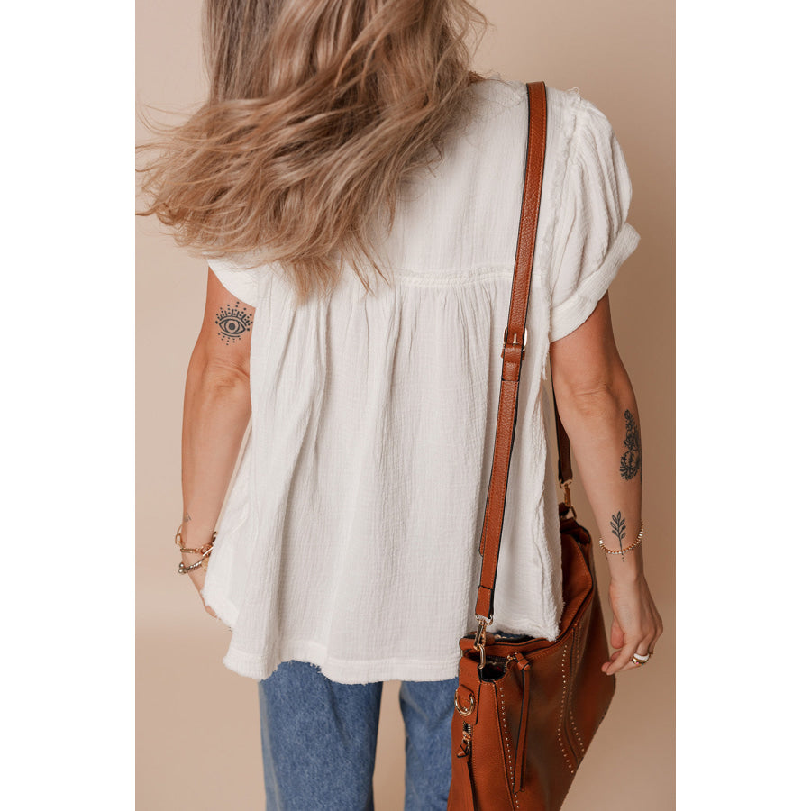 White Textured Short Sleeve Buttons Frayed Blouse Tops/Blouses & Shirts