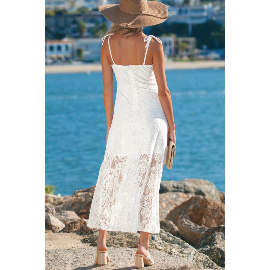 White Tie Spaghetti Straps Floral Lace Overlay Long Dress Dresses/Maxi Dresses