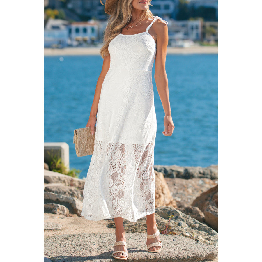 White Tie Spaghetti Straps Floral Lace Overlay Long Dress Dresses/Maxi Dresses