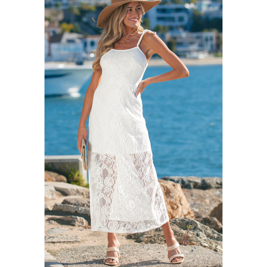 White Tie Spaghetti Straps Floral Lace Overlay Long Dress Dresses/Maxi Dresses