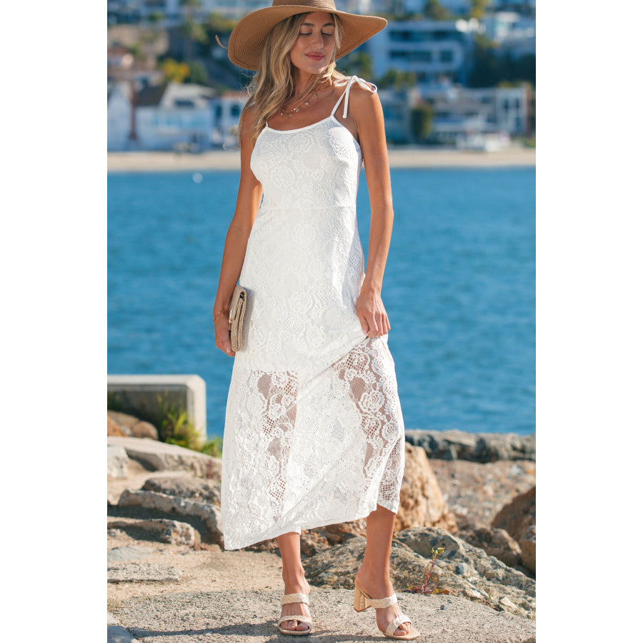 White Tie Spaghetti Straps Floral Lace Overlay Long Dress Dresses/Maxi Dresses