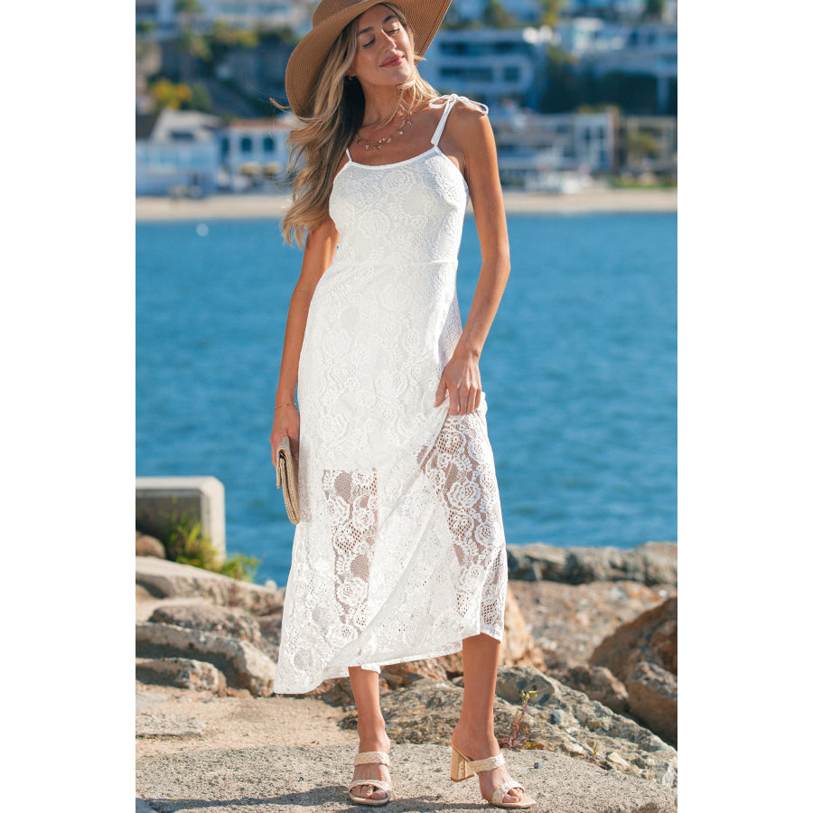 White Tie Spaghetti Straps Floral Lace Overlay Long Dress Dresses/Maxi Dresses