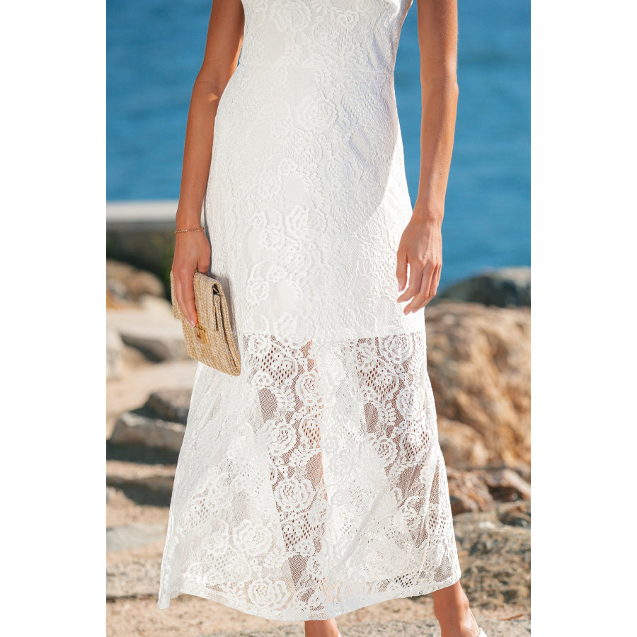 White Tie Spaghetti Straps Floral Lace Overlay Long Dress Dresses/Maxi Dresses