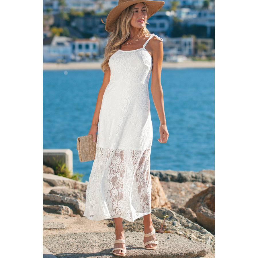 White Tie Spaghetti Straps Floral Lace Overlay Long Dress Dresses/Maxi Dresses