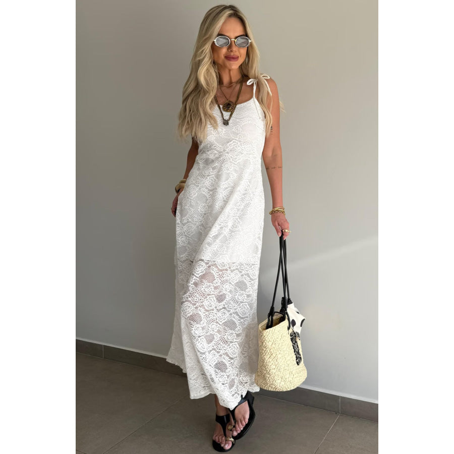 White Tie Spaghetti Straps Floral Lace Overlay Long Dress Dresses/Maxi Dresses