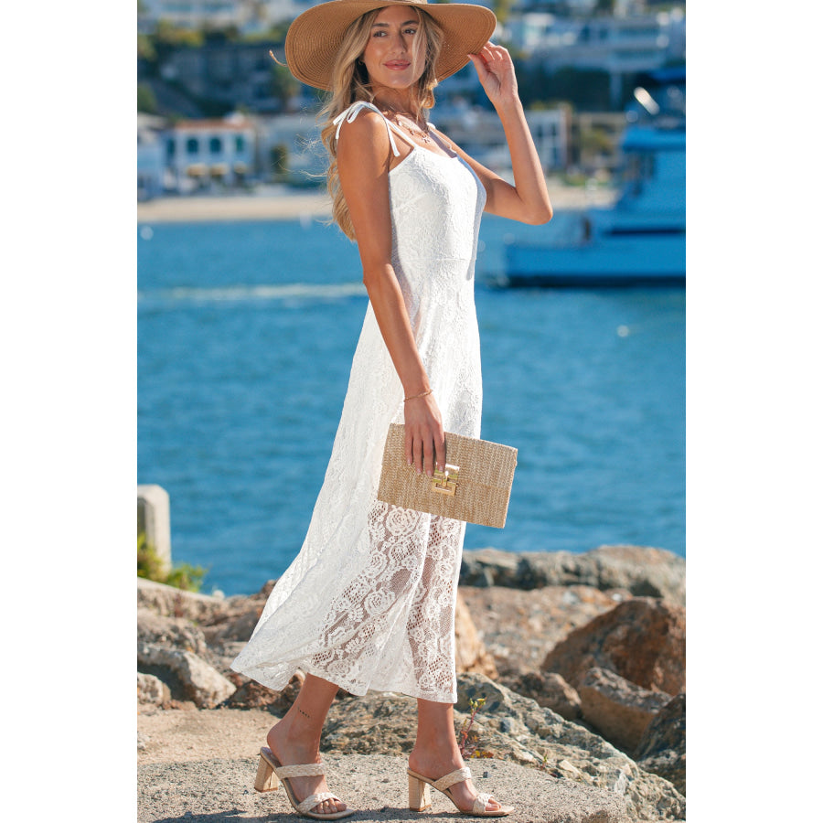 White Tie Spaghetti Straps Floral Lace Overlay Long Dress Dresses/Maxi Dresses