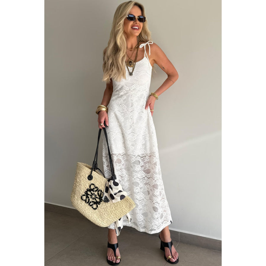 White Tie Spaghetti Straps Floral Lace Overlay Long Dress Dresses/Maxi Dresses